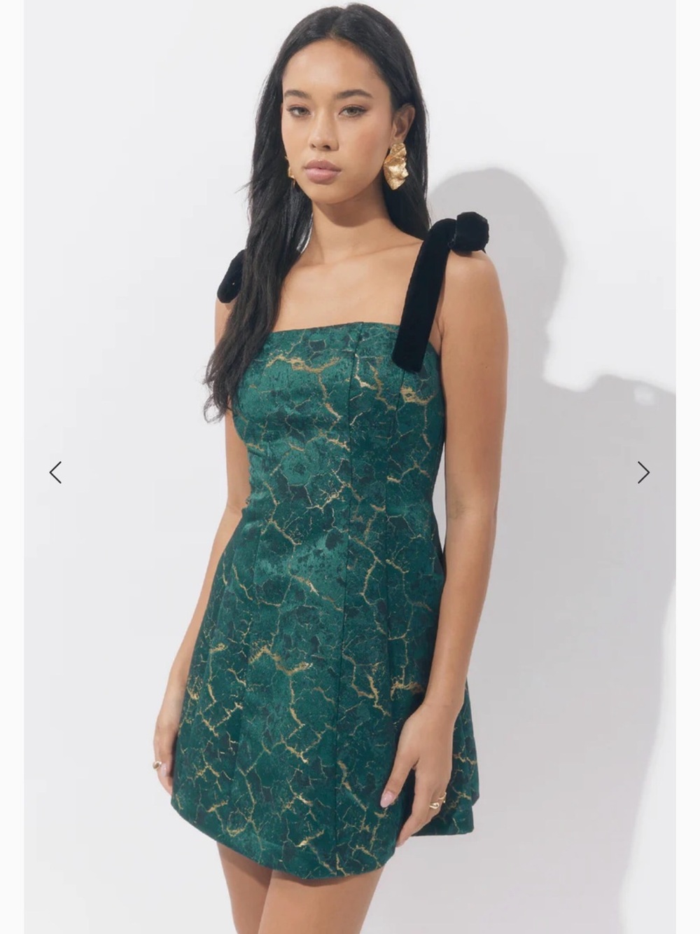 Adelyn Rae Emerald Green Marble Jacquard Mini Dress with Black Velvet Ties